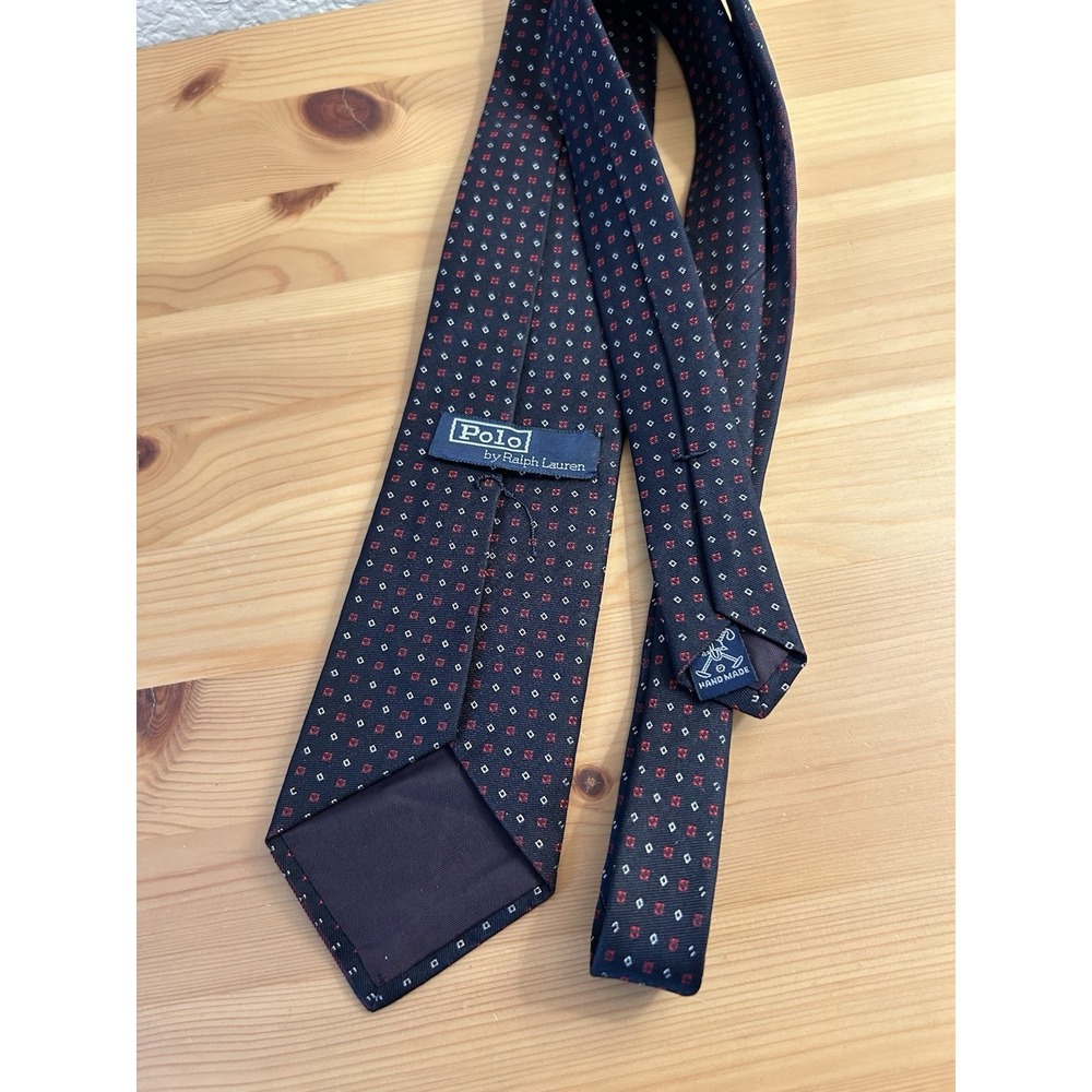 Vtg Polo Ralph Lauren Black Silk Neck Tie Hand Made USA Red White Checkered